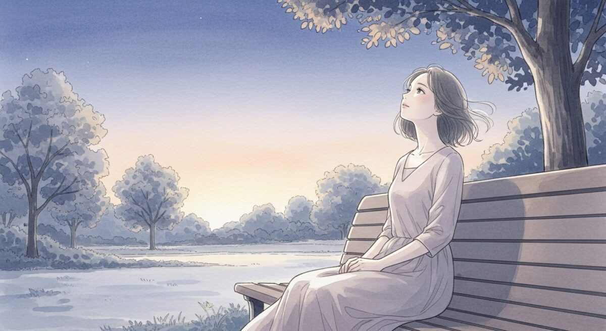 夕暮れの公園で未来を考える日本人女性のイラスト