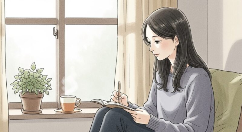 ノートに気持ちを書き留める日本人女性のイラスト