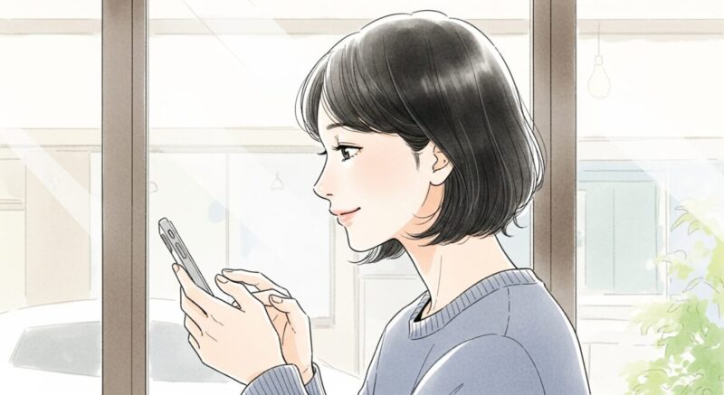 スマートフォンでメッセージを送ろうとする日本人女性のイラスト