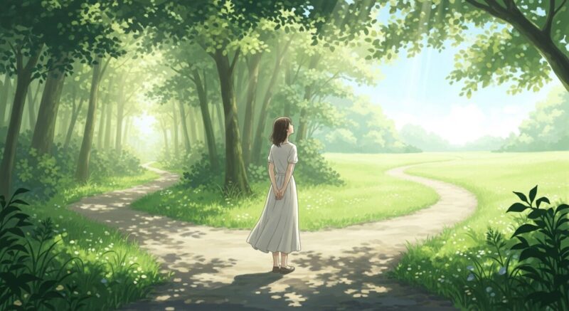小道の前で考え込む日本人女性のイラスト