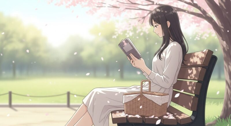公園のベンチで読書する日本人女性のイラスト