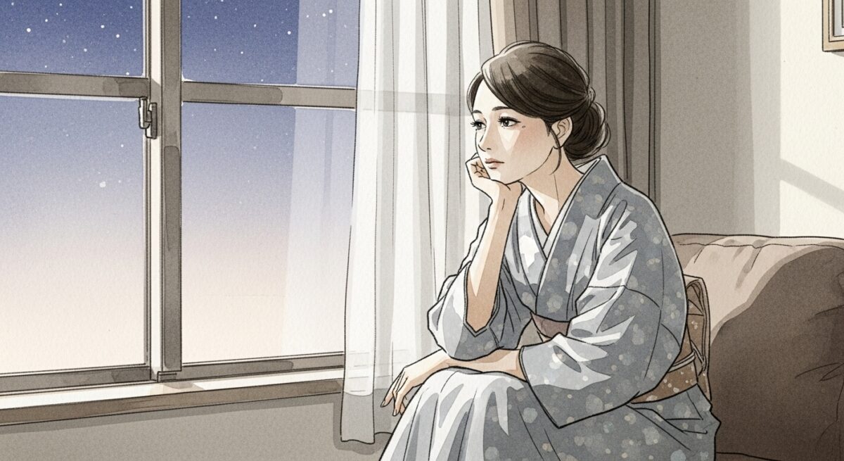 夕暮れの窓辺で物思いにふける日本人女性の繊細な水彩風イラスト