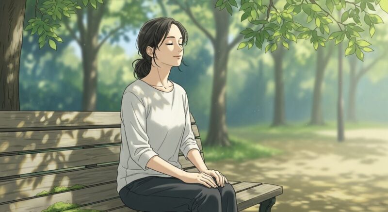 公園のベンチで深呼吸し気持ちを落ち着ける日本人女性のイラスト