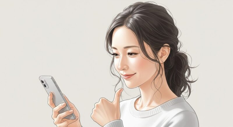 スマホで軽いメッセージを送り微笑む日本人女性のイラスト