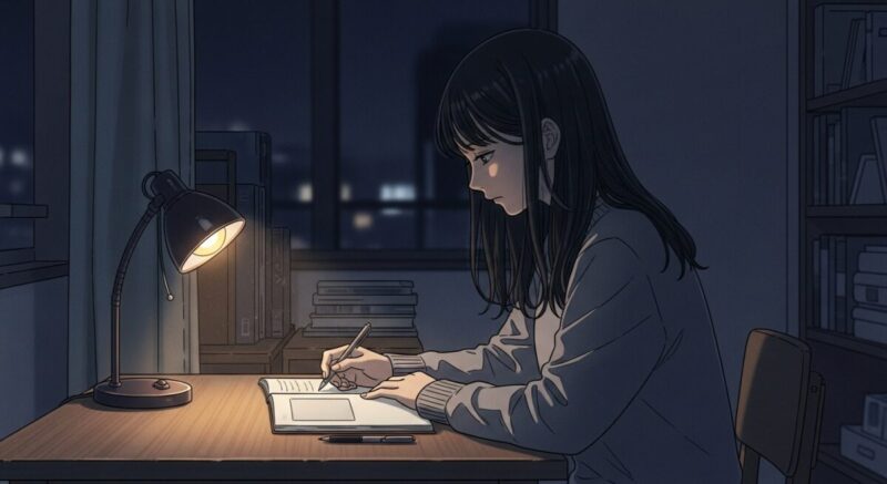 机に向かい相手の気持ちのタイミングを考える日本人女性のイラスト