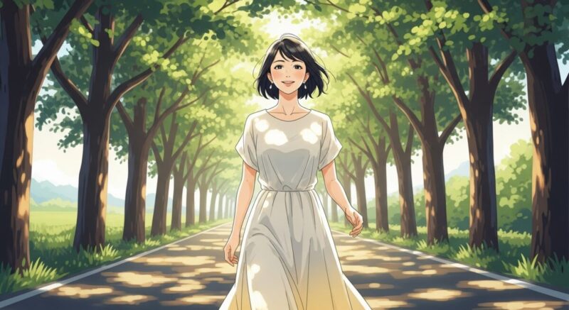 成長した姿で前を向き歩く日本人女性のイラスト