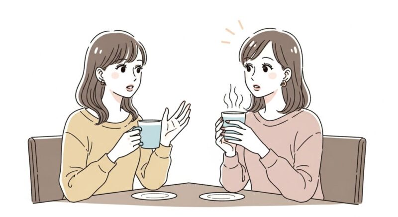 日本人女性がカフェで友人に相談を持ちかけ、真剣に話をしている様子のイラスト