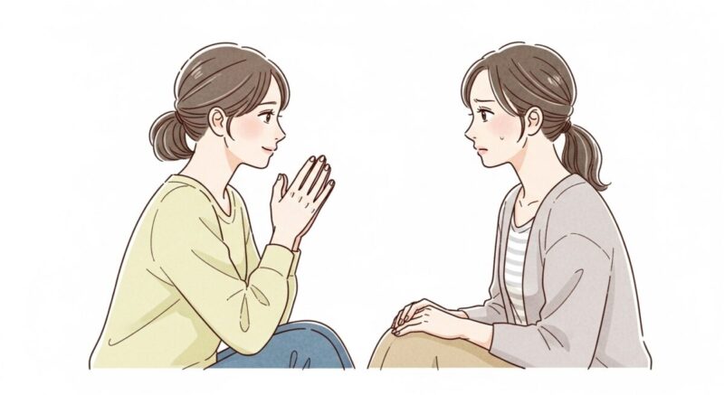 相談を受けた友人が困惑し、板挟みになっている心理的負担を表すイラスト