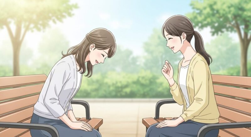 相談後に感謝を伝える日本人女性が、笑顔で友人にお礼をしている姿のイラスト