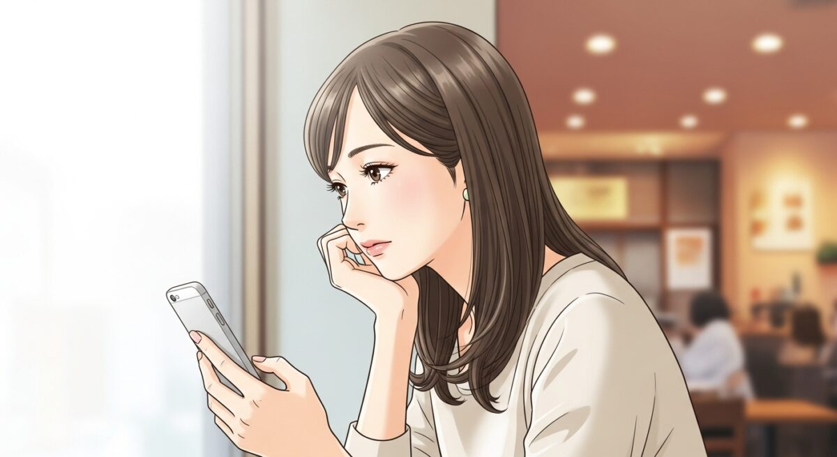 携帯を手にしたまま悩んだ表情を浮かべる日本人女性が、カフェの窓辺で友人との会話を思い返している様子の繊細なイラスト