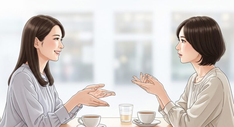 日本人女性が、友人とカフェで話しながら笑顔で頷くシーンの繊細なイラスト