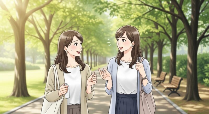 女性が友人と歩きながら話す、公園での穏やかな時間を描いたイラスト