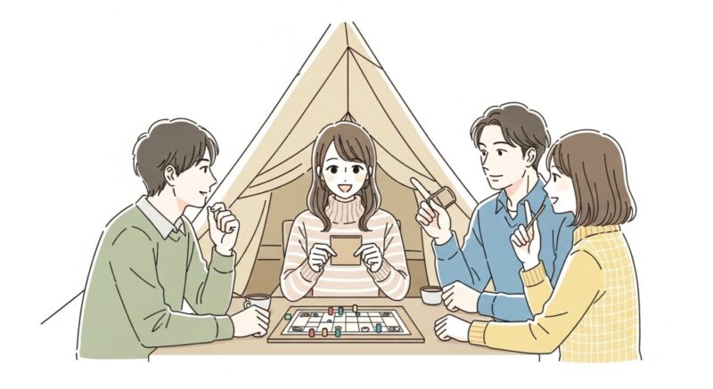 3人の男女が趣味を楽しみながら会話をしている、グループ交流のイラスト