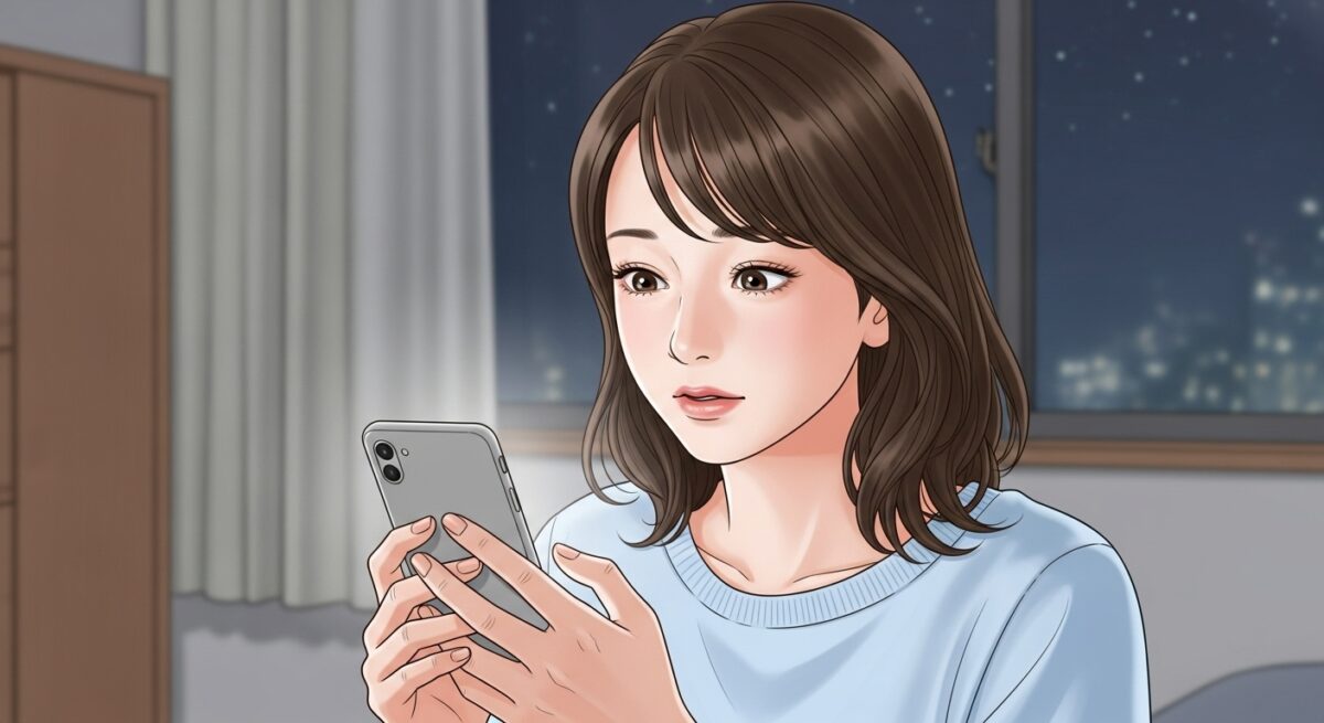 夜の部屋でスマホを見つめ、不安と希望の入り混じる表情を浮かべる日本人女性。