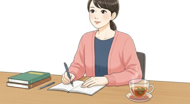 机に向かいノートを書きながら自分磨きの計画を立てる日本人女性。
