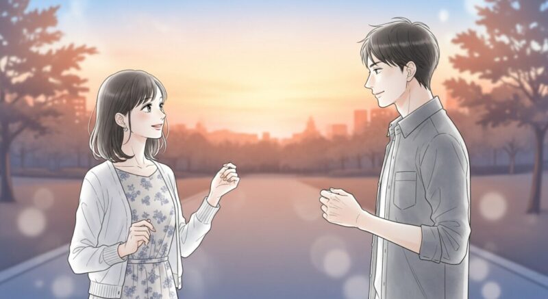 夕暮れの公園で、男性と向かい合い微笑む日本人女性。