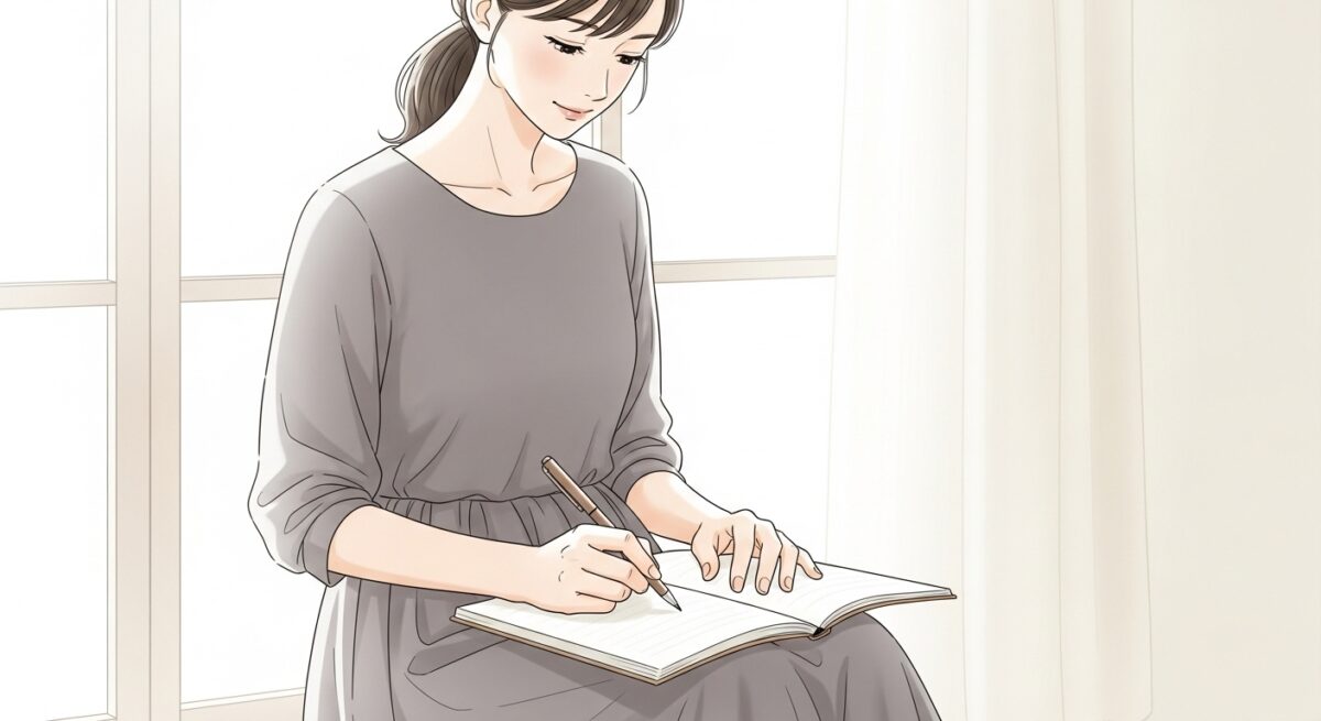 窓辺に座る20代後半の日本人女性が、落ち着いた表情でノートに自分の気持ちを書き留めている。柔らかな光が差し込み、未来への希望を感じさせる雰囲気。