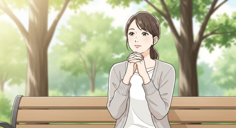 公園のベンチに座り、落ち着いた表情で深呼吸をしている日本人女性。背後には木漏れ日が差し込み、心を整える静かな時間を表現。