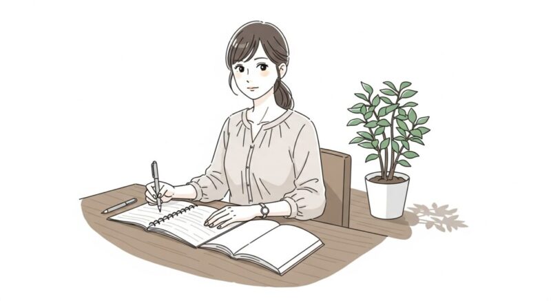 机の上にノートと本を広げ、真剣な表情で学び直しをしている女性。背景には観葉植物があり、落ち着いた雰囲気。