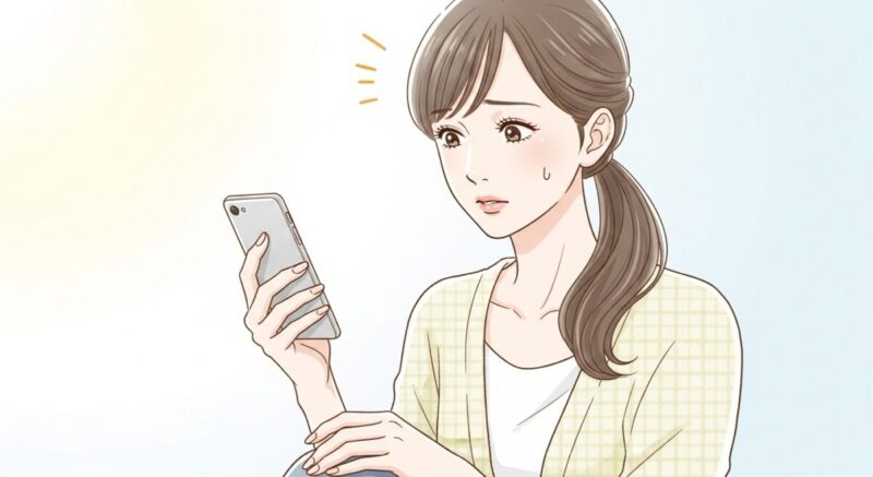 スマホを手に持ち、少し緊張しながらも優しい表情で画面を見つめている女性。復縁の連絡をする直前の心情を表現。
