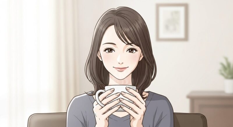 静かに微笑みながら、カップを両手で包み込む女性。穏やかな表情で未来を前向きに見つめている。