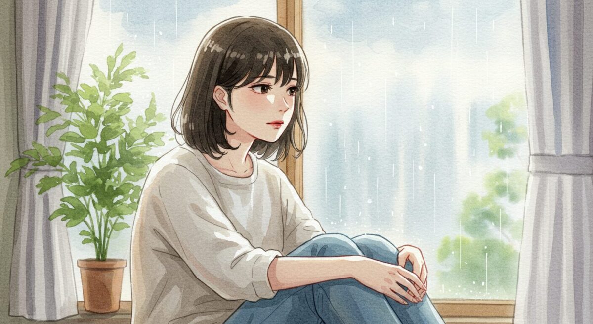 雨空を眺めながら感情を整理する20代の日本人女性の繊細な水彩風イラスト