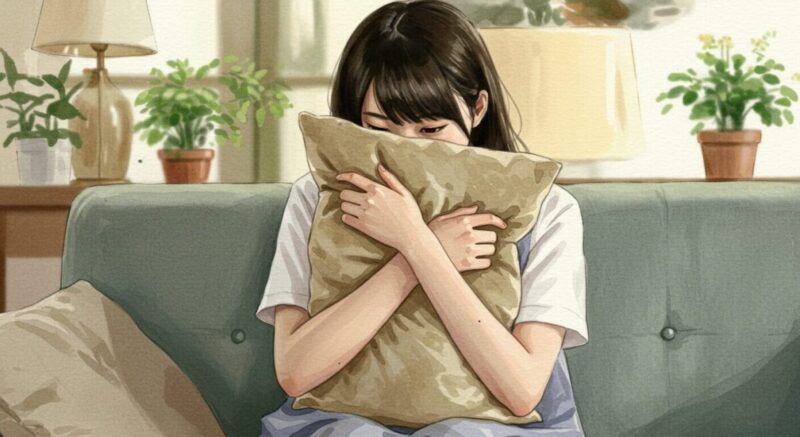 クッションを抱きしめて考え込む20代の日本人女性の水彩風イラスト