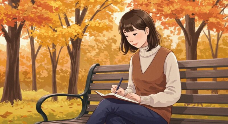 秋の公園でノートに想いを書く20代の日本人女性の水彩風イラスト