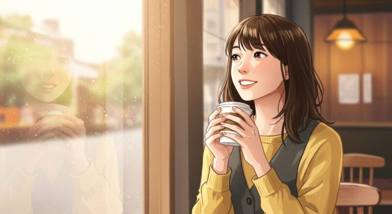 カフェで未来を思い描く20代の日本人女性の水彩風イラスト
