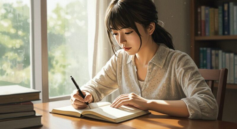 日記を書きながら自分を見つめ直す20代の日本人女性の水彩風イラスト