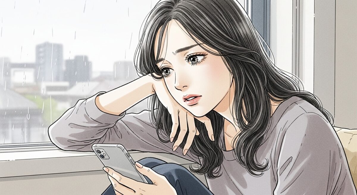 窓辺に座り、携帯を見つめながら切なげに物思いにふける20代後半の日本人女性。落ち着いた色合いの服をまとい、柔らかな光に包まれた繊細で静かな雰囲気のイラスト。