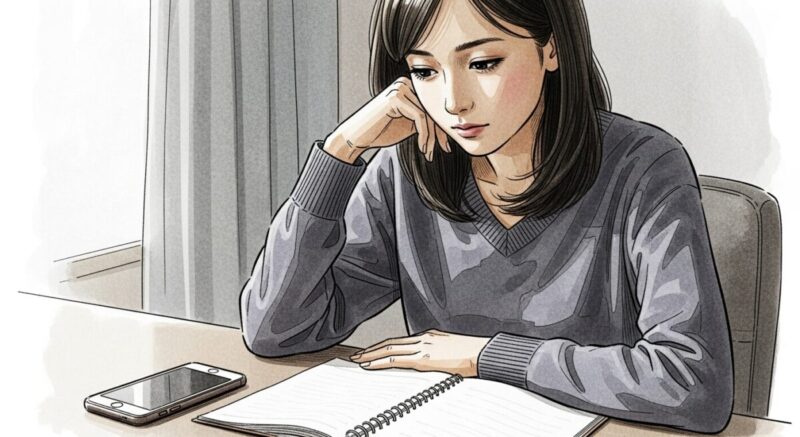 携帯を伏せて机に置き、ノートを広げて自分と向き合う日本人女性の姿。落ち着いた色合いで内省的な雰囲気のイラスト。