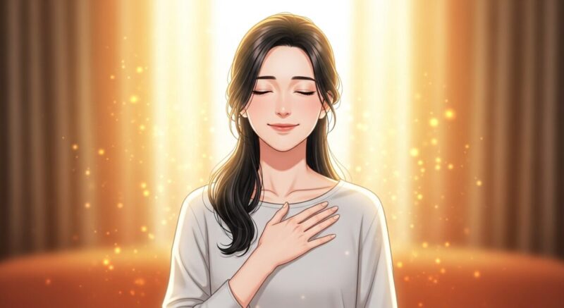 温かい光に包まれ、胸に手を当てて安心した表情を浮かべる日本人女性。心が癒されている様子のイラスト。
