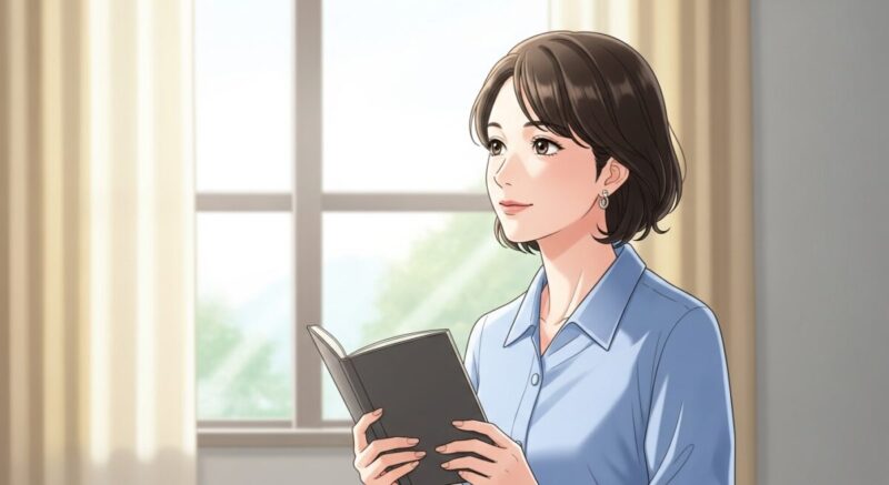 朝の光の中で未来を見つめる日本人女性。ノートを閉じて静かに決意している様子を描いたイラスト。