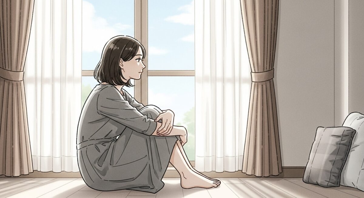 喧嘩別れのあと、一人で深く思い悩む女性が窓辺で静かに物思いにふける様子のイラスト