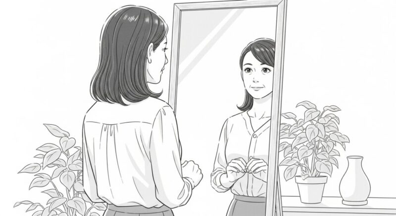 鏡に向かって静かに自分を見つめる日本人女性のイラスト