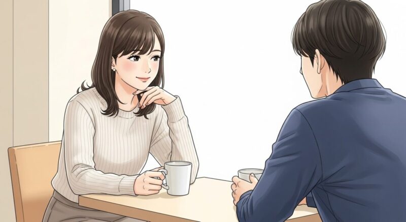 カフェでパートナーと向き合い、穏やかな会話を交わす女性のイラスト
