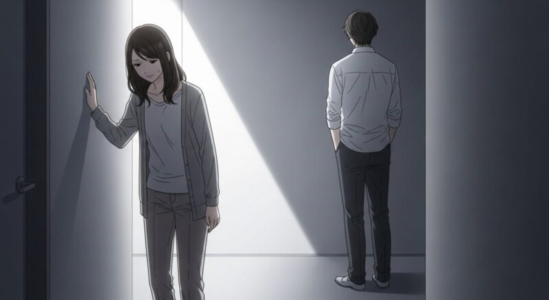 壁に手をついてうつむく女性と、距離を取って背を向ける相手のイラスト