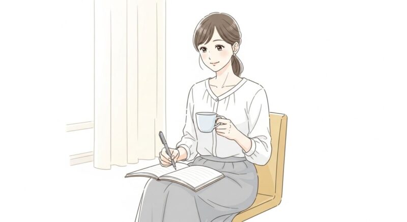 新しいノートを開き、未来への約束をメモする女性のイラスト