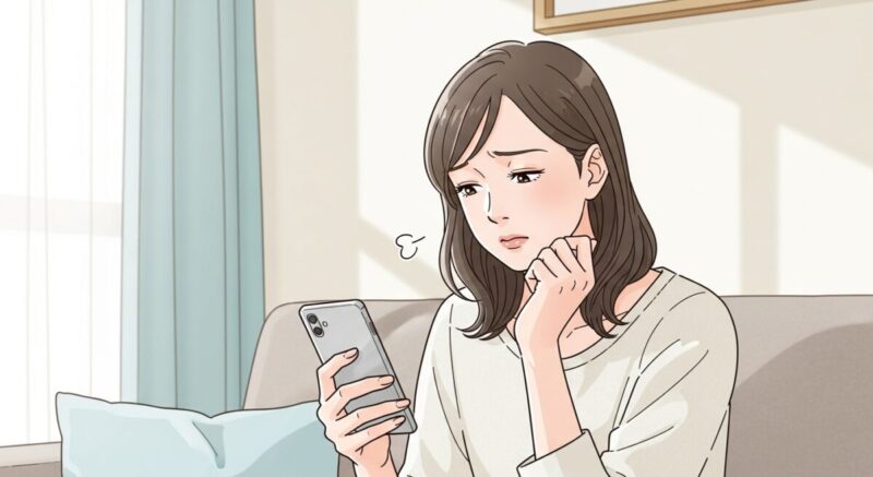 復縁できる可能性について考え込みながらスマホを見る女性のイラスト
