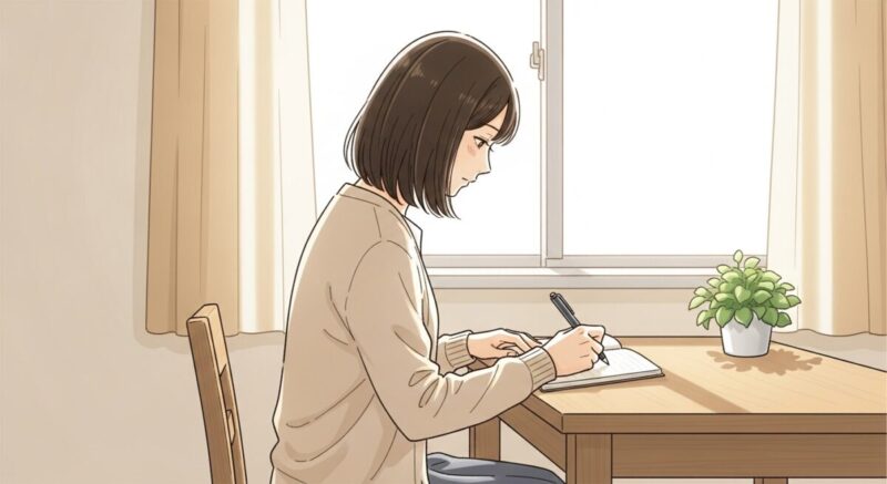 冷却期間中に自分と向き合い、ノートを広げて考える女性の後ろ姿イラスト