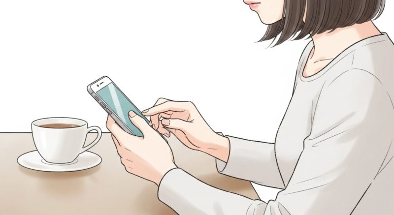 謝罪のLINEを慎重に送ろうとする日本人女性の手元イラスト