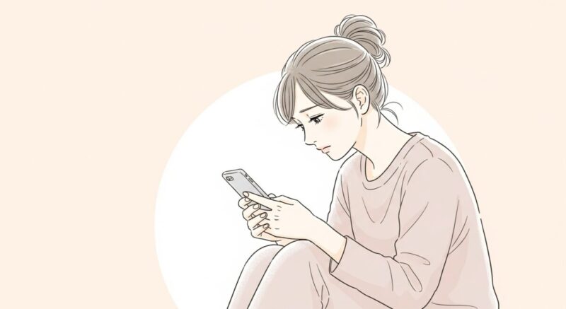 既読無視に落ち込んでうつむく日本人女性のイラスト