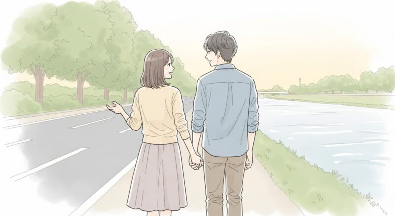カップルが仲良く並んで歩く後ろ姿のイラスト