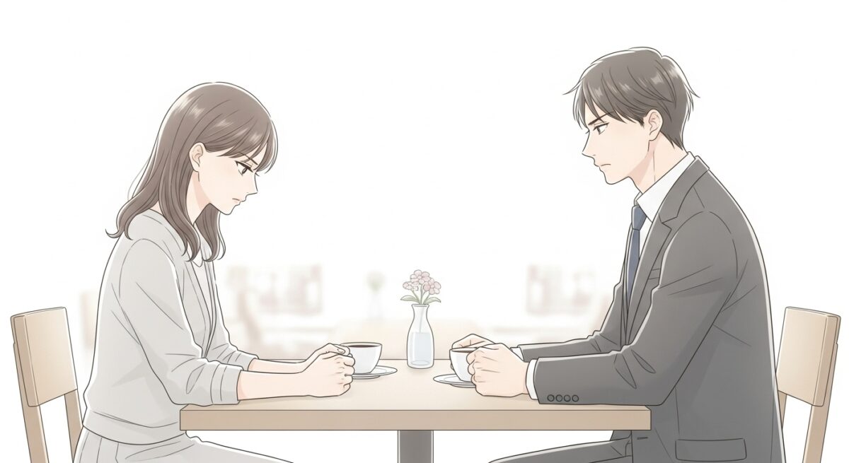 カフェの席で向かい合い、険しい表情で沈黙する日本人女性と男性。女性はうつむき、手を握りしめている。