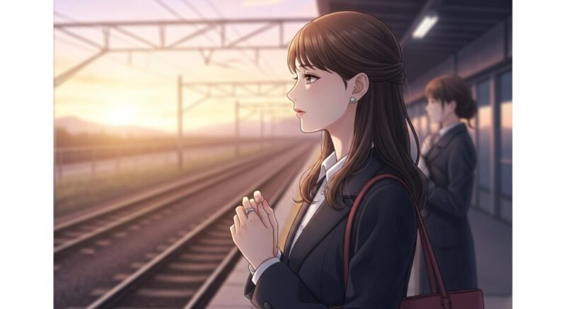 一人で駅のホームに立ち、電車を待ちながら遠くを見つめる日本人女性。表情には物悲しさが漂う。
