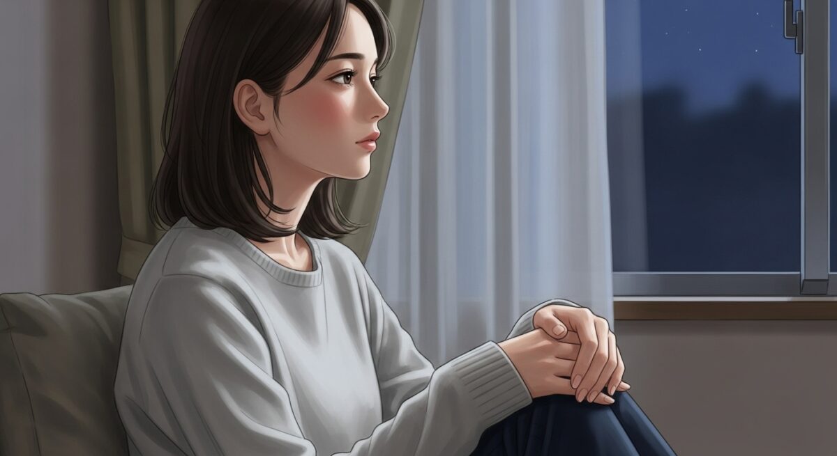 喧嘩別れで後悔する女性が夜の部屋で一人、窓の外を見つめている落ち着いた雰囲気のイラスト