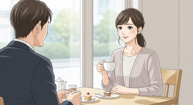 カフェで向かい合い、柔らかく微笑みながら会話する女性と男性