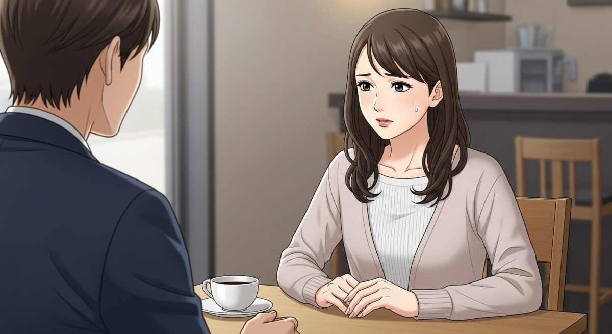 最悪の喧嘩別れをしてしまい、夜の部屋で一人涙をこらえる日本人女性の繊細なイラスト