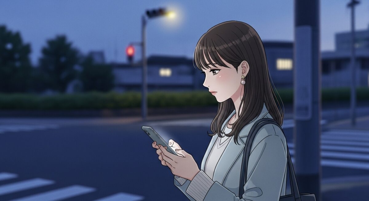 夕暮れの中、スマホを見つめて立ち尽くす日本人女性。少し切なげな表情で、何かを決意する前の静かな一瞬を描写。